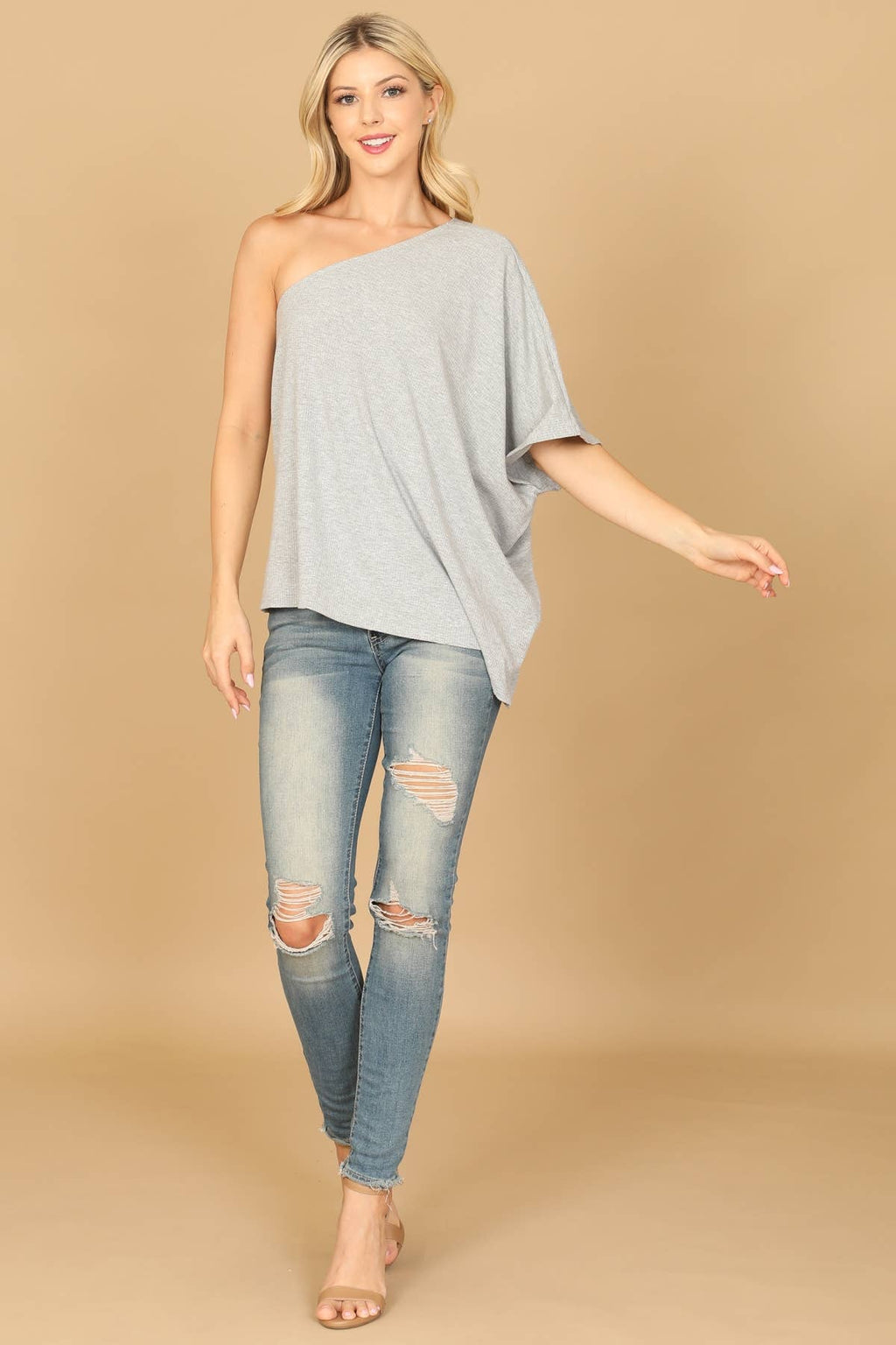 One Shoulder Half Sleeve Solid Top