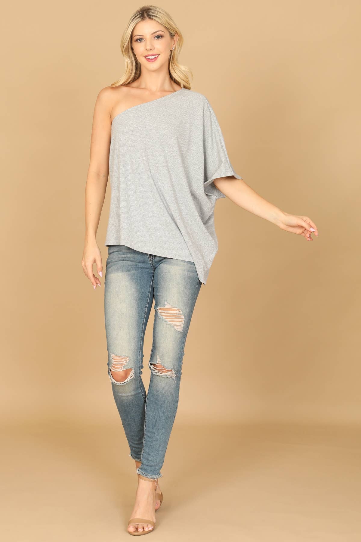 One Shoulder Half Sleeve Solid Top