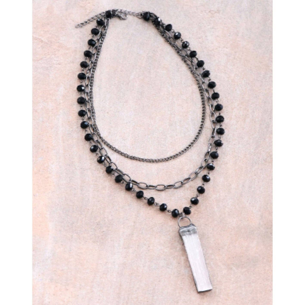 Black Layered Necklace with Crystal Stone Pendant
