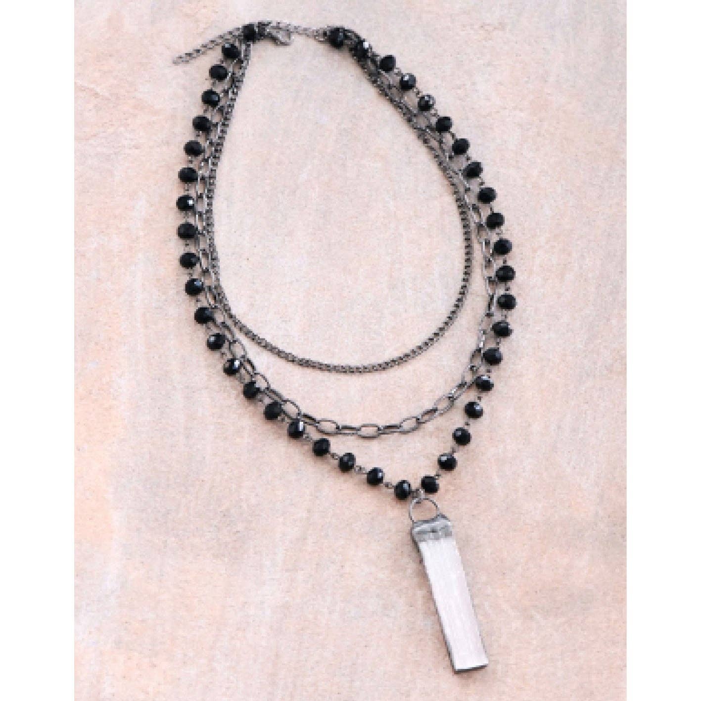 Black Layered Necklace with Crystal Stone Pendant