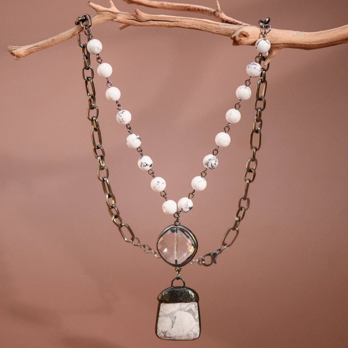 Natural Stone Pendant Beaded Chain Link Necklace