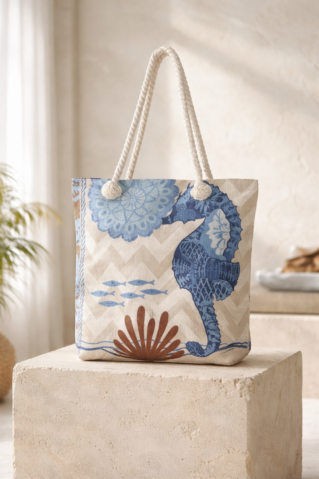 Vintage Ocean Nautical Print Canvas Tote Bag With Thick Rope Handle. Large Capacity Beach Bag For Women Octopus, Sea Turtle, Jellyfish, Seahorse Pattern