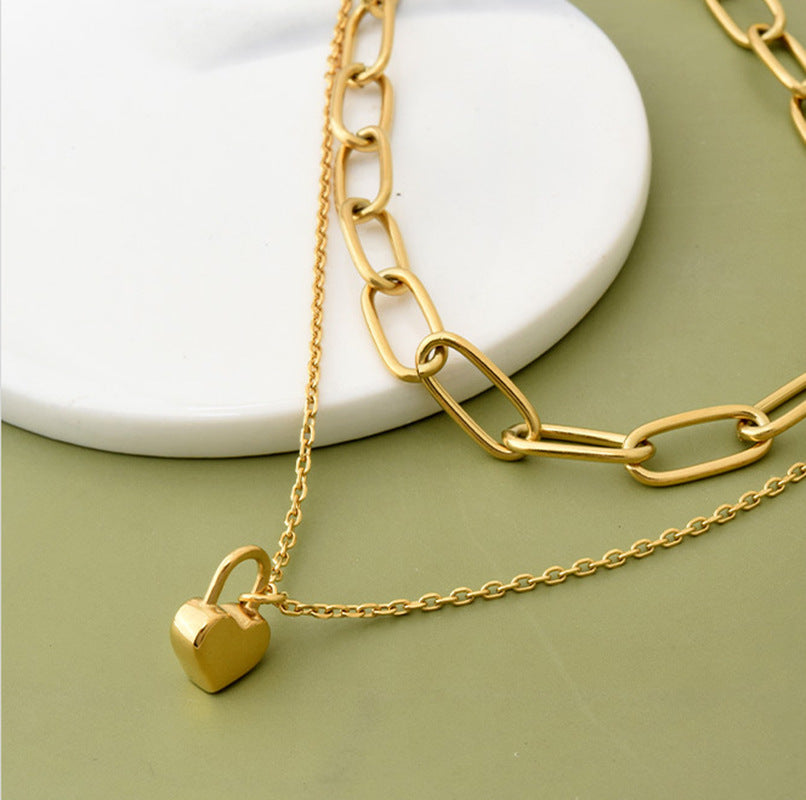 Two-Layer Gold Necklace with Paperclip Choker (14″) and Heart Lock Pendant (18″)