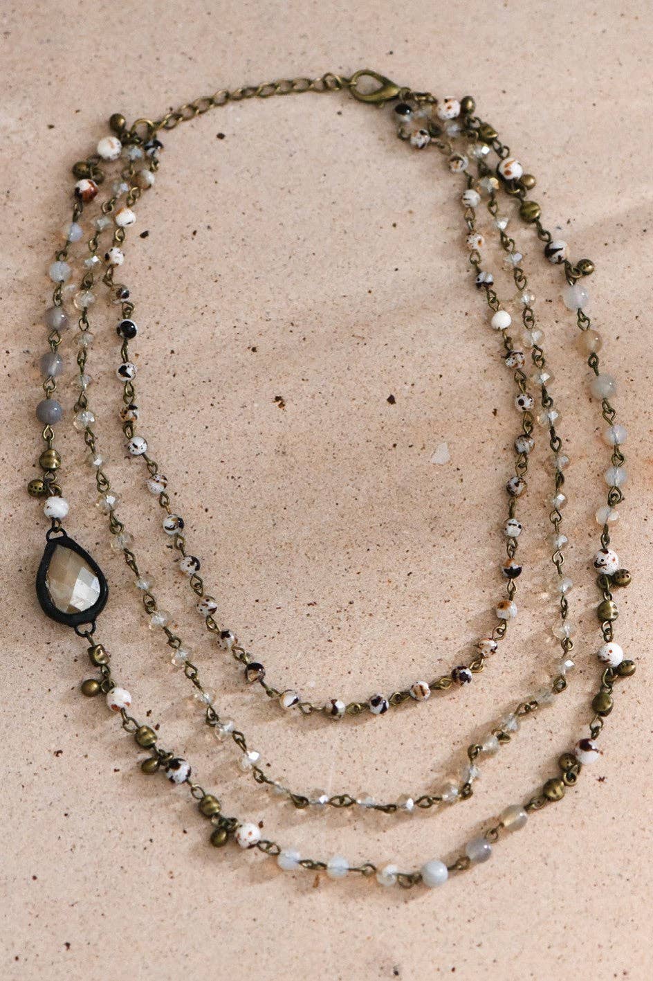 Triple Layered Mixed Glass Bead and Stone Necklace - 7260