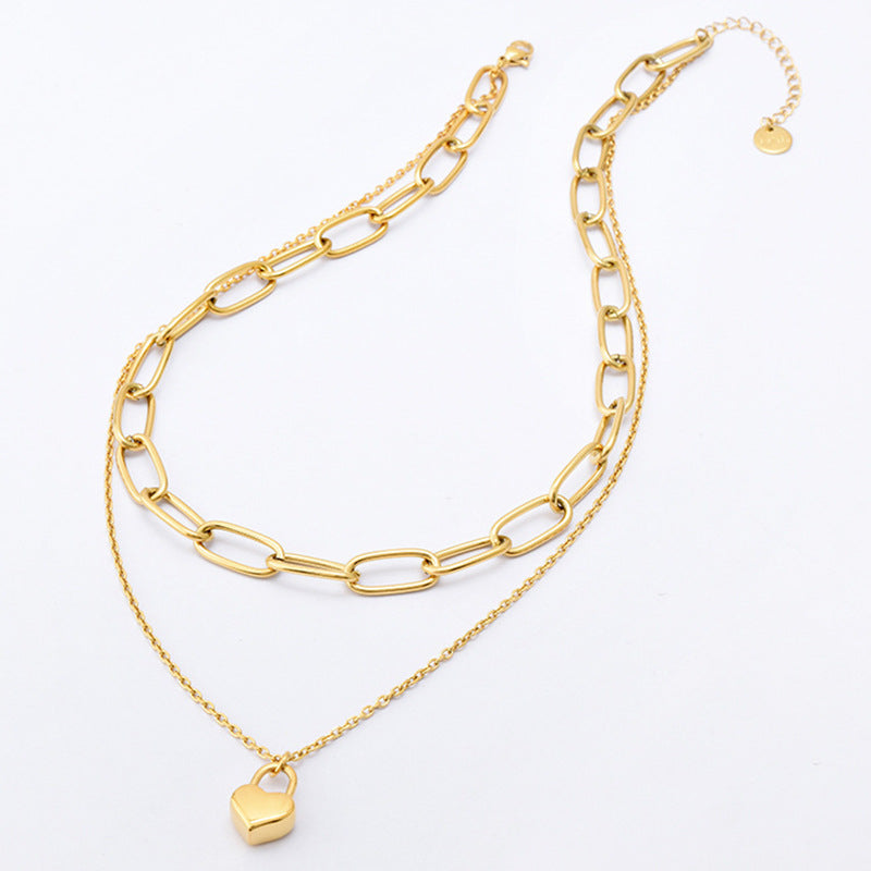 Two-Layer Gold Necklace with Paperclip Choker (14″) and Heart Lock Pendant (18″)