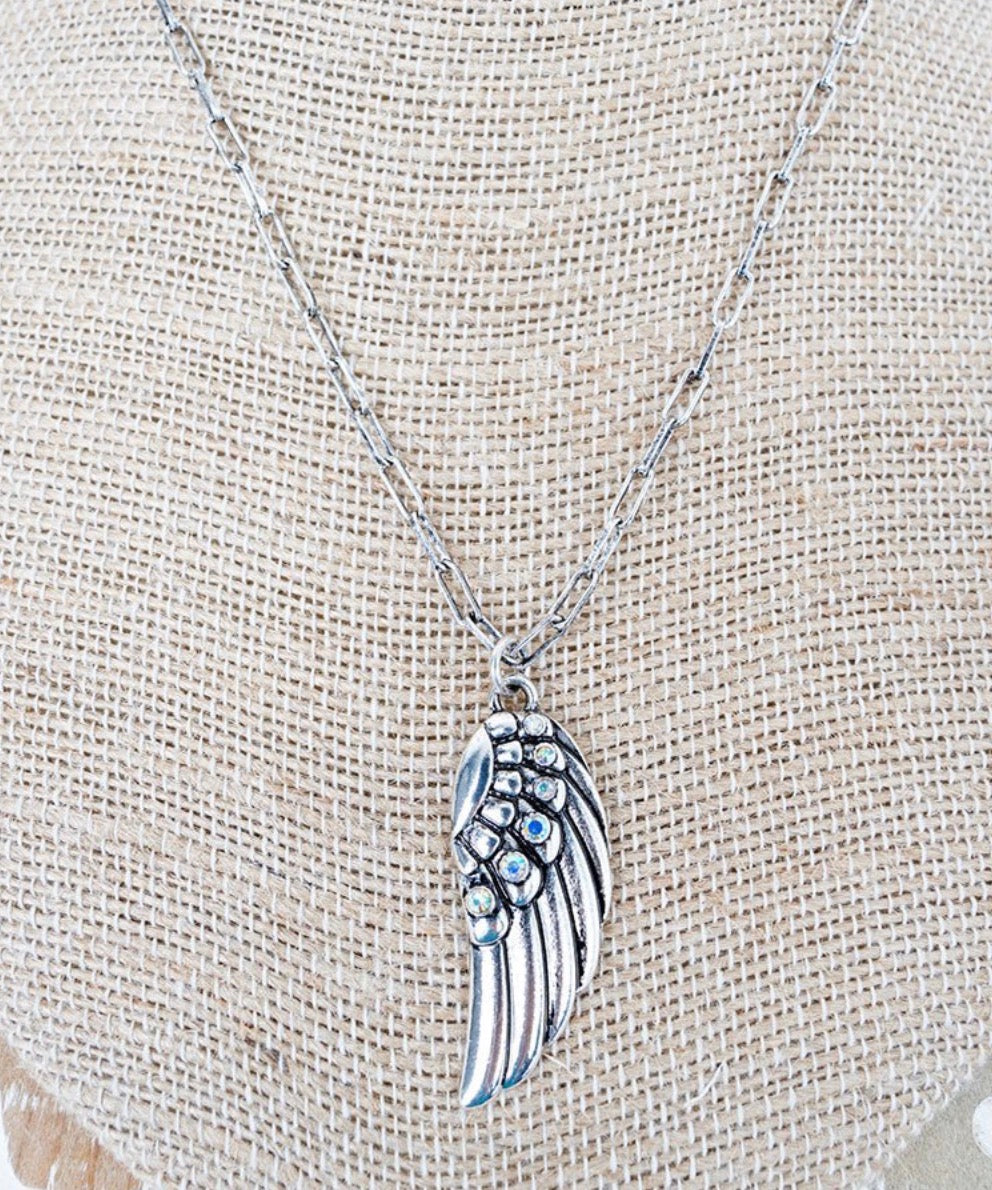 18″ Silver Paperclip Link Necklace with Rhinestone Angel Wing Pendant, Layering Piece