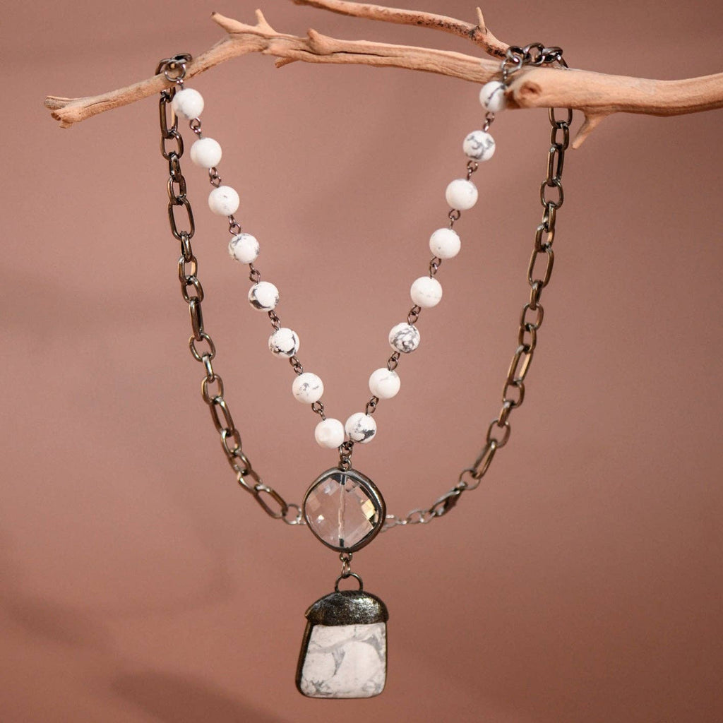 Natural Stone Pendant Beaded Chain Link Necklace