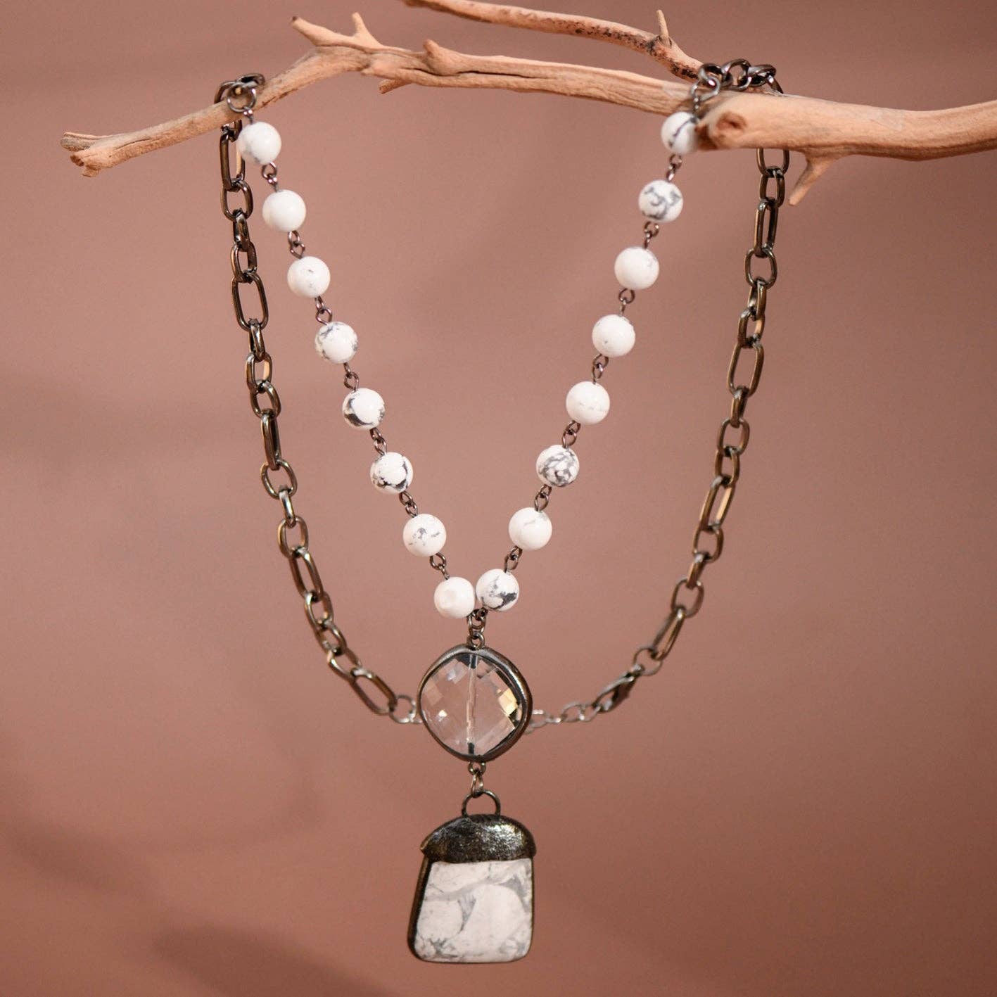 Natural Stone Pendant Beaded Chain Link Necklace