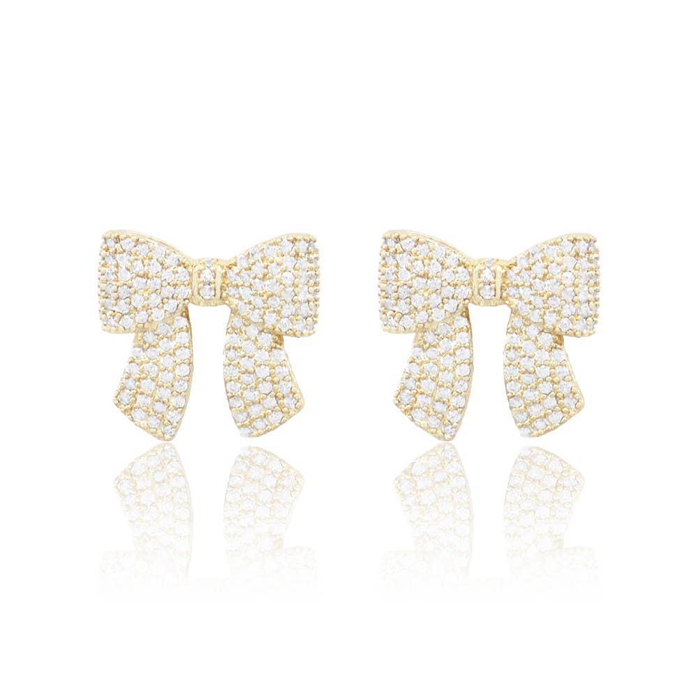 Gold Dipped CZ Stone Paved Bow Stud Earrings