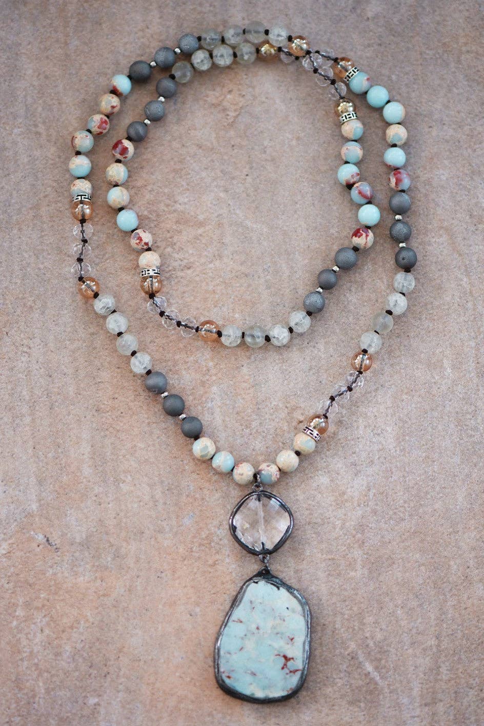 Natural Stone Bead Necklace with Stone Pendant - 6910