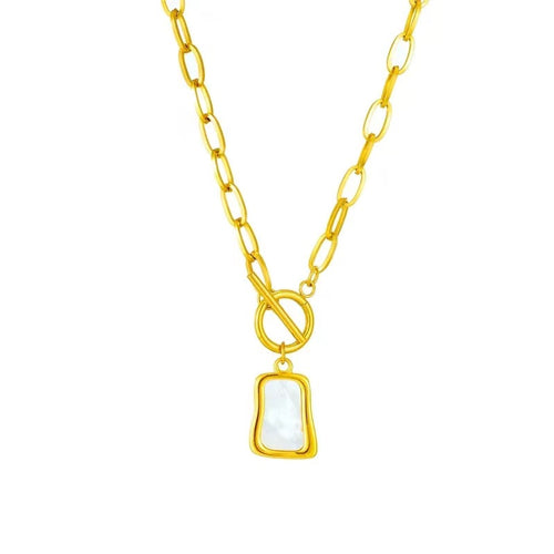 14″ Gold Paperclip Chain Necklace with Front Toggle Closure & Mother of Pearl-Style Pendant