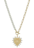 Pearl and Gold chain with Rhinestone Studded Heart Charm 16"-18" Necklace