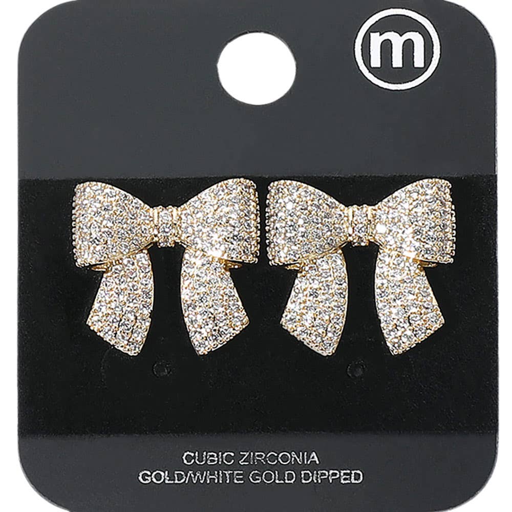 Gold Dipped CZ Stone Paved Bow Stud Earrings