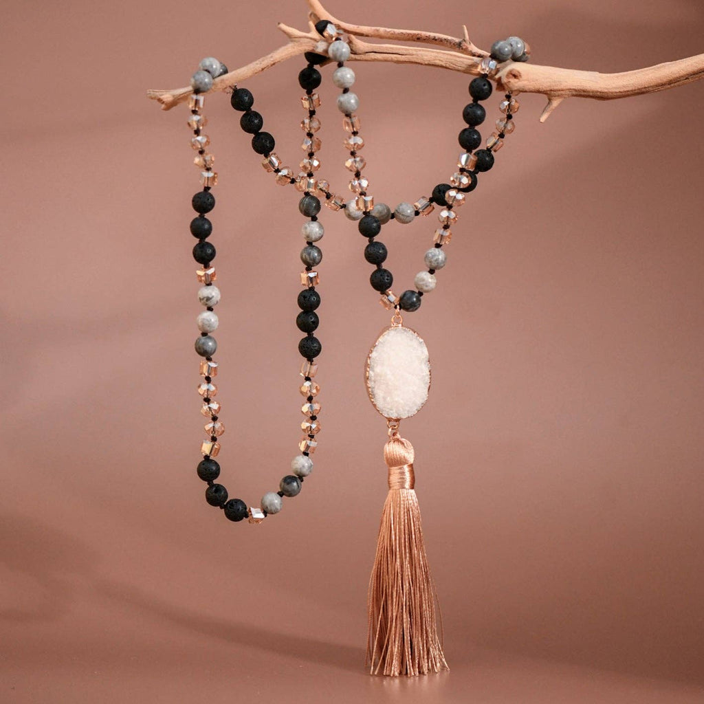 Stone Bead Necklace with Druzy Tassel Pendant - 6515