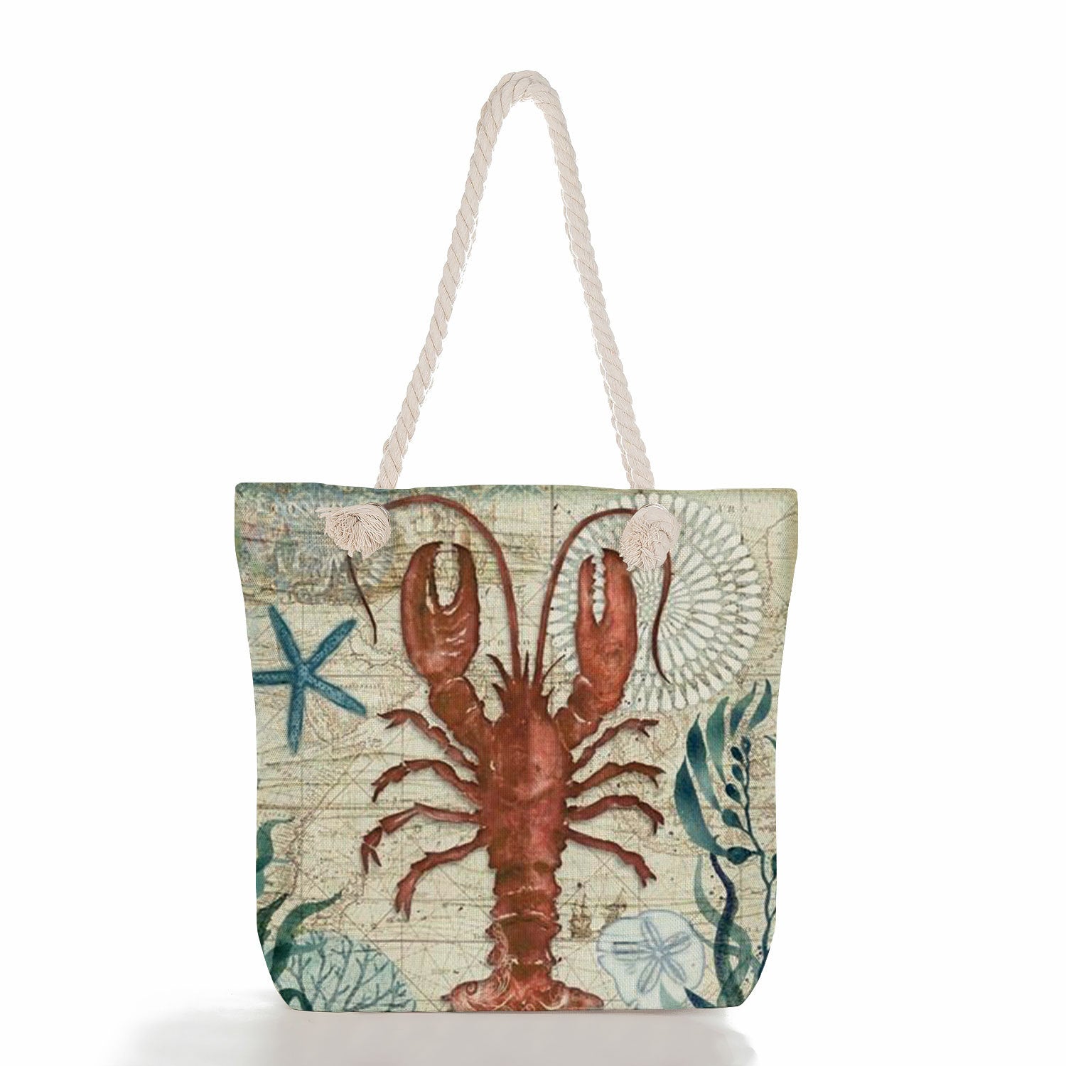 Vintage Ocean Nautical Print Canvas Tote Bag With Thick Rope Handle. Large Capacity Beach Bag For Women Octopus, Sea Turtle, Jellyfish, Seahorse Pattern