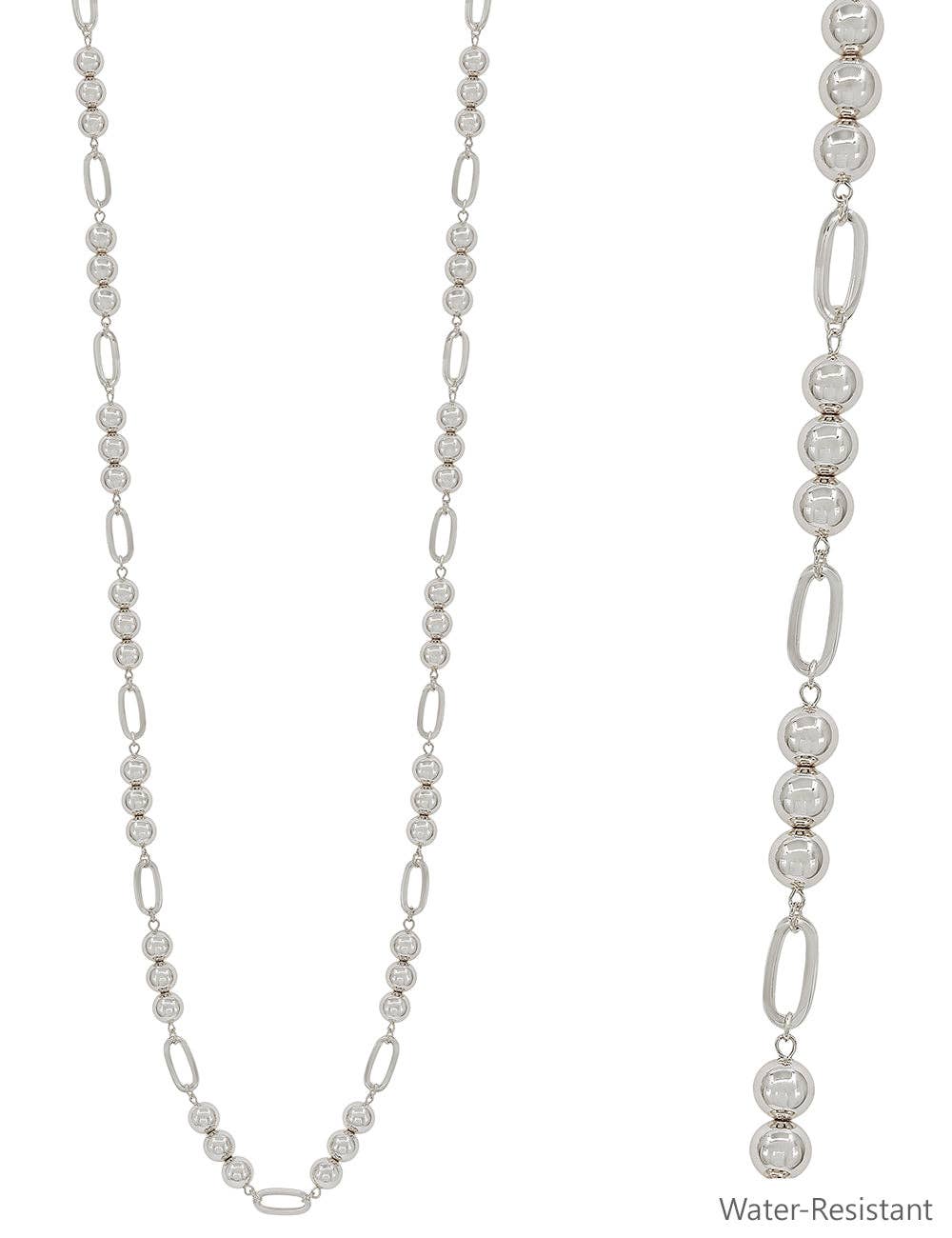 Water Resistant Silver Beaded 10MM Beaded and Open Oval 34" Necklace