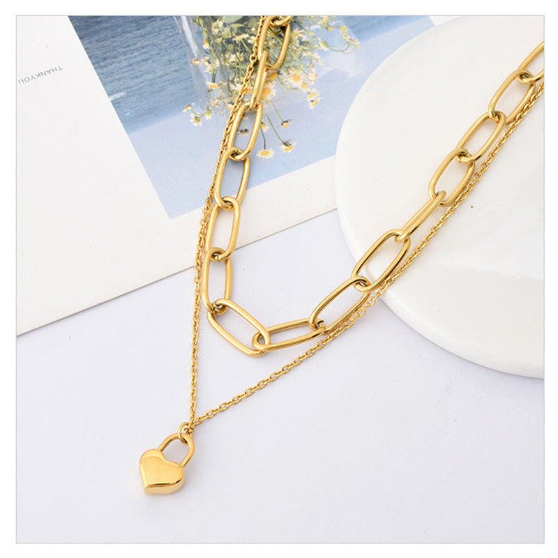 Two-Layer Gold Necklace with Paperclip Choker (14″) and Heart Lock Pendant (18″)