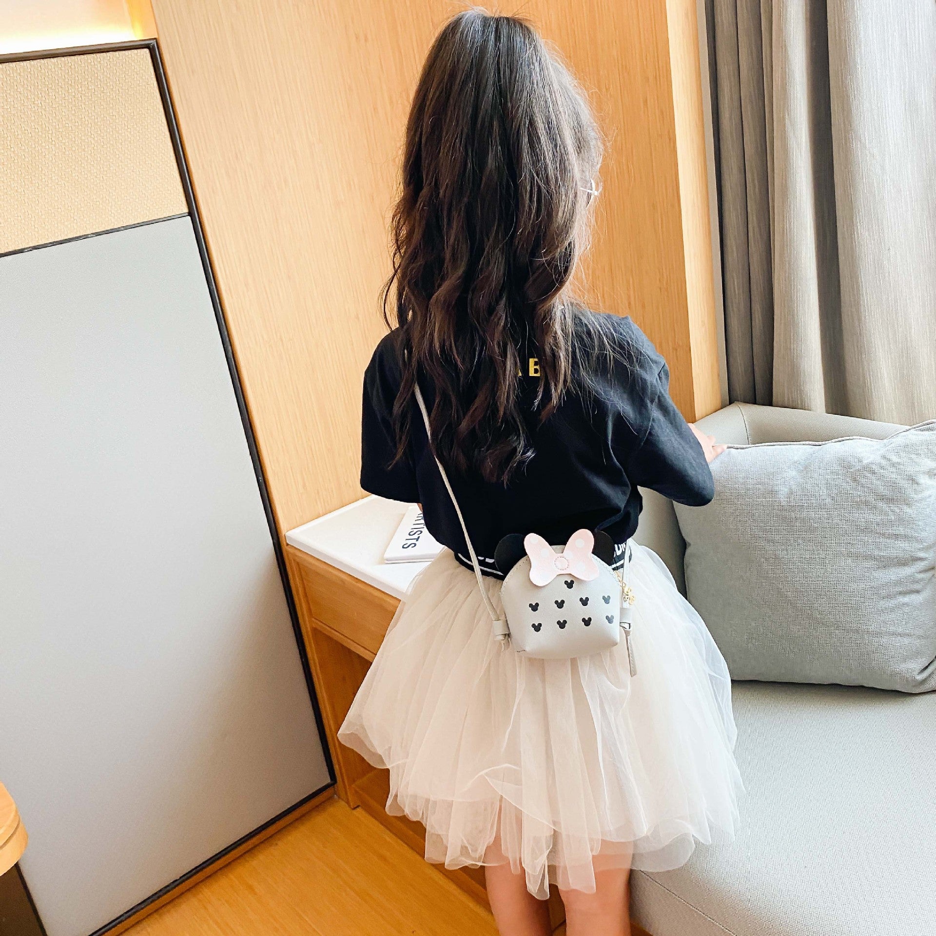 Cute Cartoon Mouse Ears Kids Crossbody Bag PU Leather Polka Dot Bow Mini Shoulder Bag For Girls.