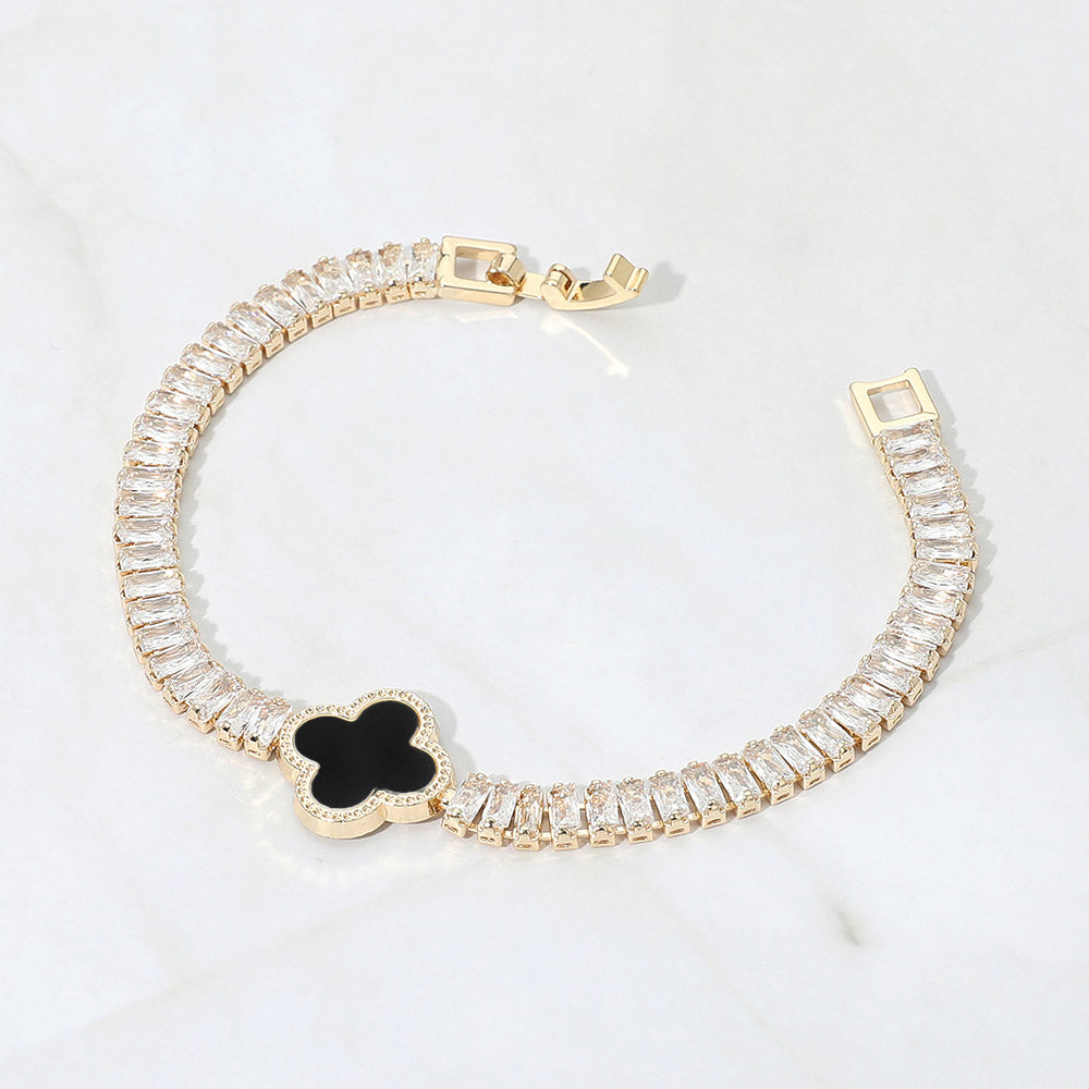 Quatrefoil Charm Accent CZ Baguette Cluster Link Bracelet