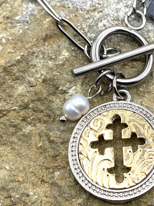 Cross Coin Charm Toggle Necklace
