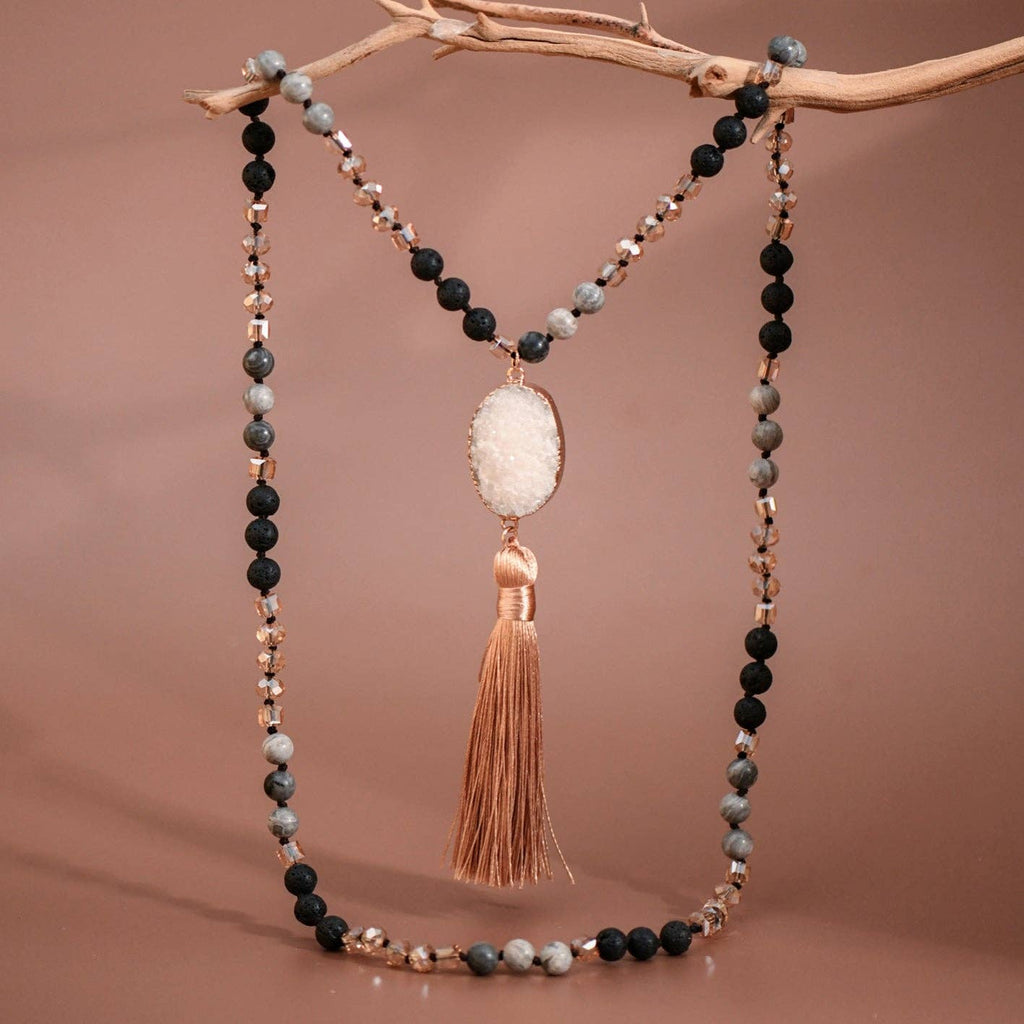 Stone Bead Necklace with Druzy Tassel Pendant - 6515