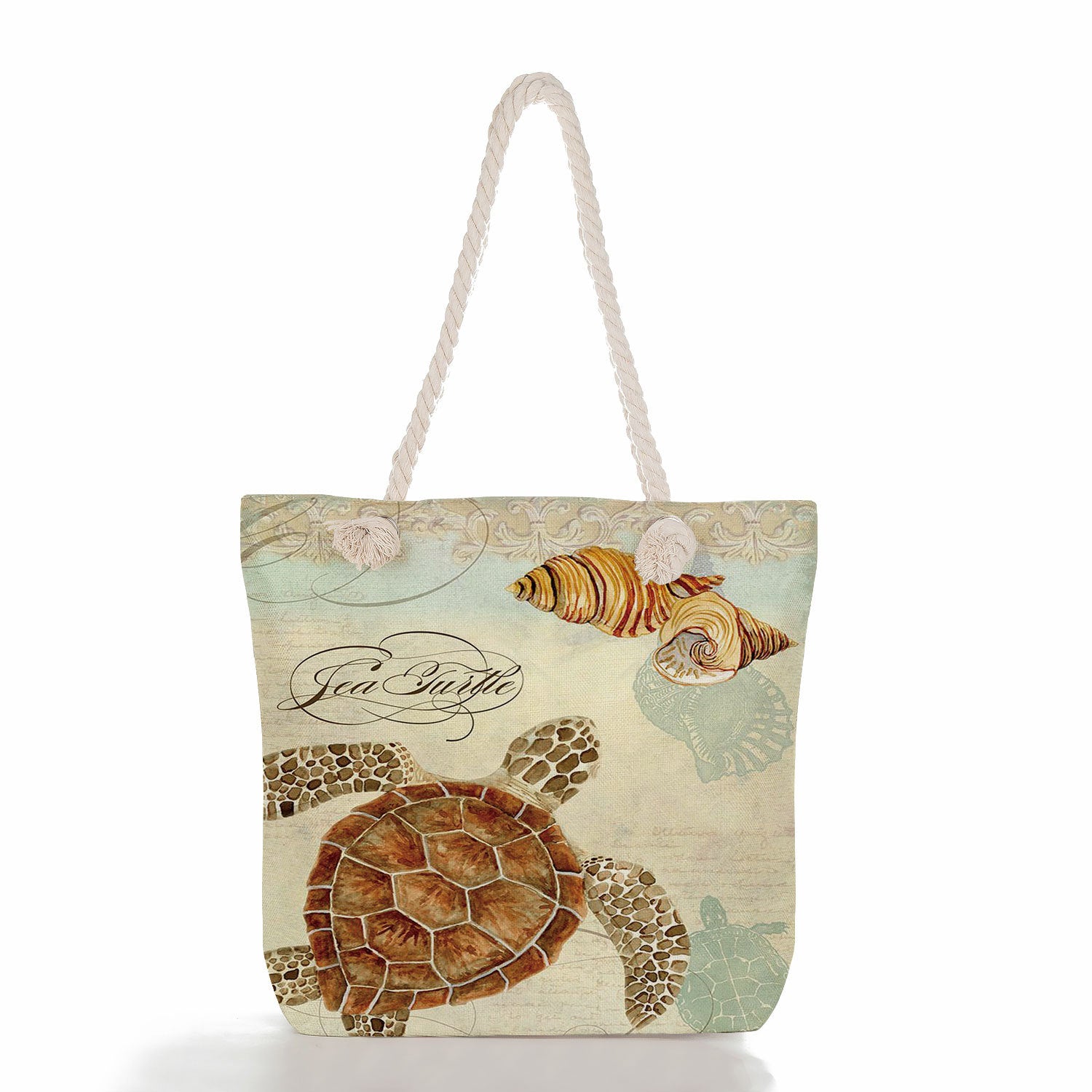 Vintage Ocean Nautical Print Canvas Tote Bag With Thick Rope Handle. Large Capacity Beach Bag For Women Octopus, Sea Turtle, Jellyfish, Seahorse Pattern