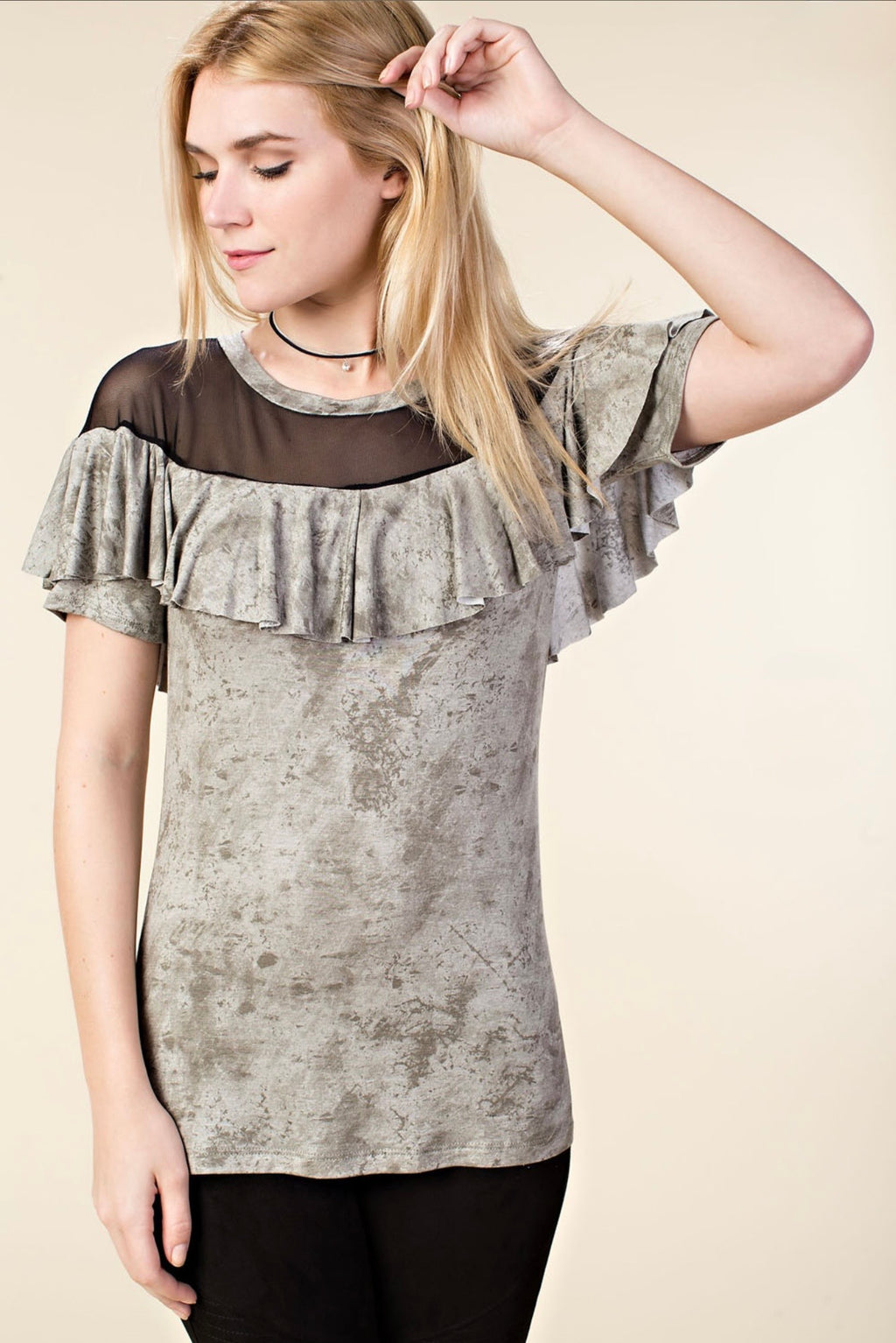 Ruffled Short Sleeve and Mesh Sheer Top