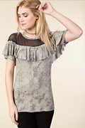 Ruffled Short Sleeve and Mesh Sheer Top