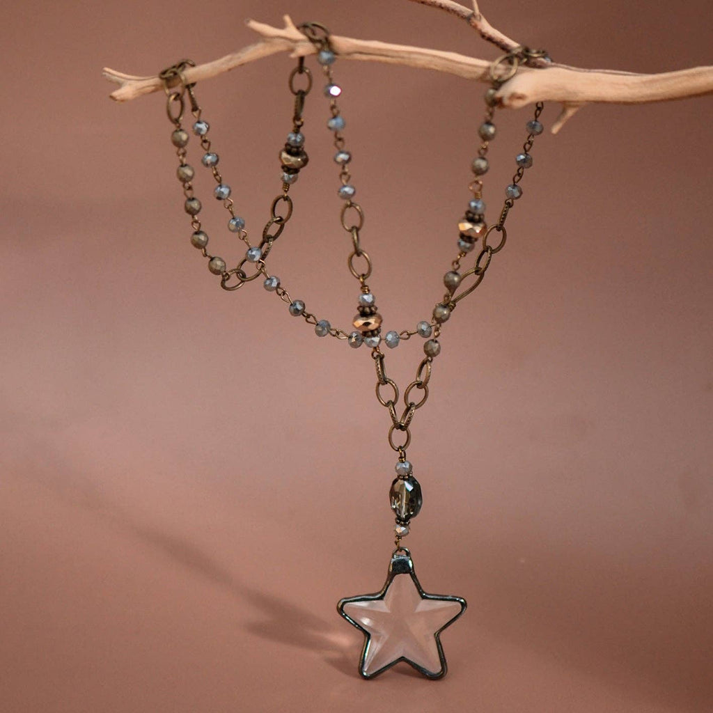 Boho Long Beaded Chain Link Necklace, Glass Crystal Star Pendant