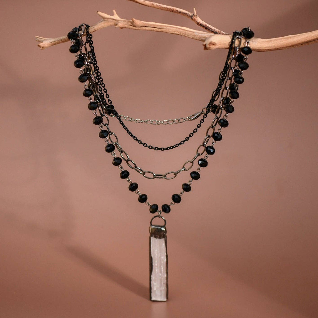 Black Layered Necklace with Crystal Stone Pendant