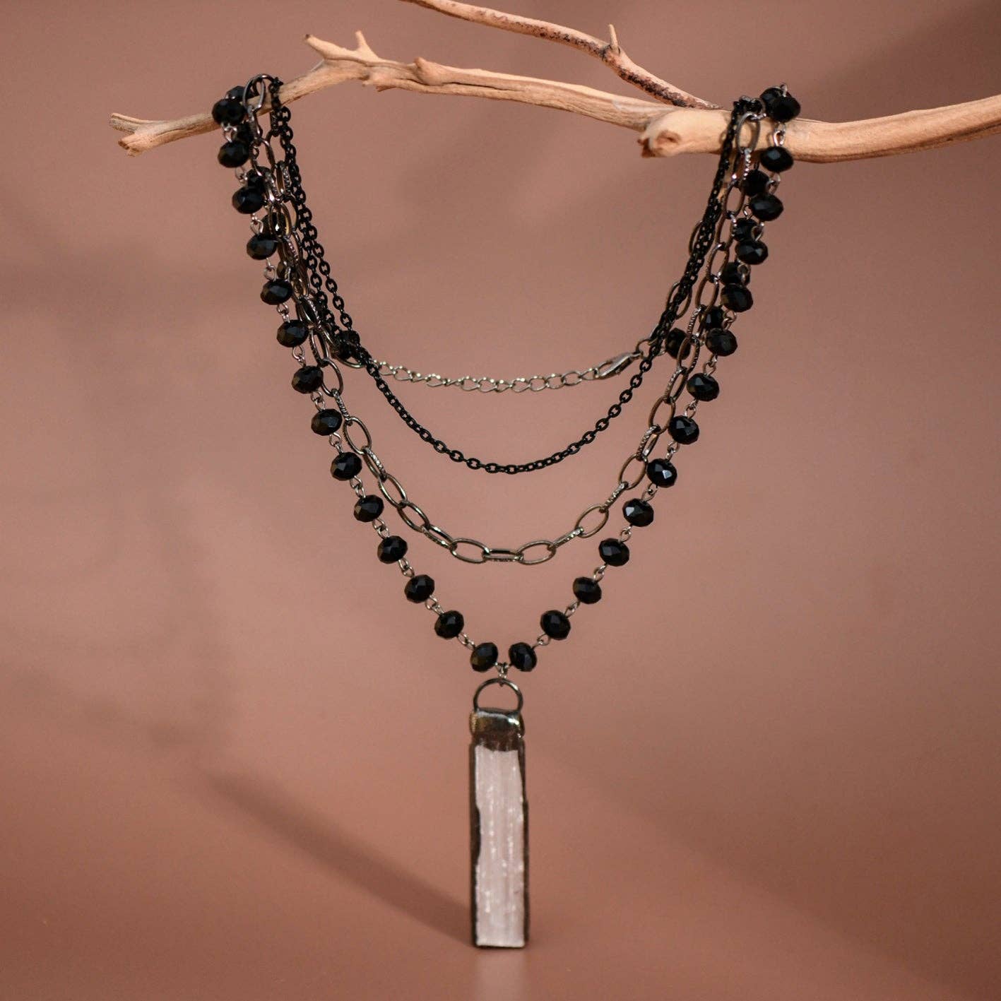 Black Layered Necklace with Crystal Stone Pendant
