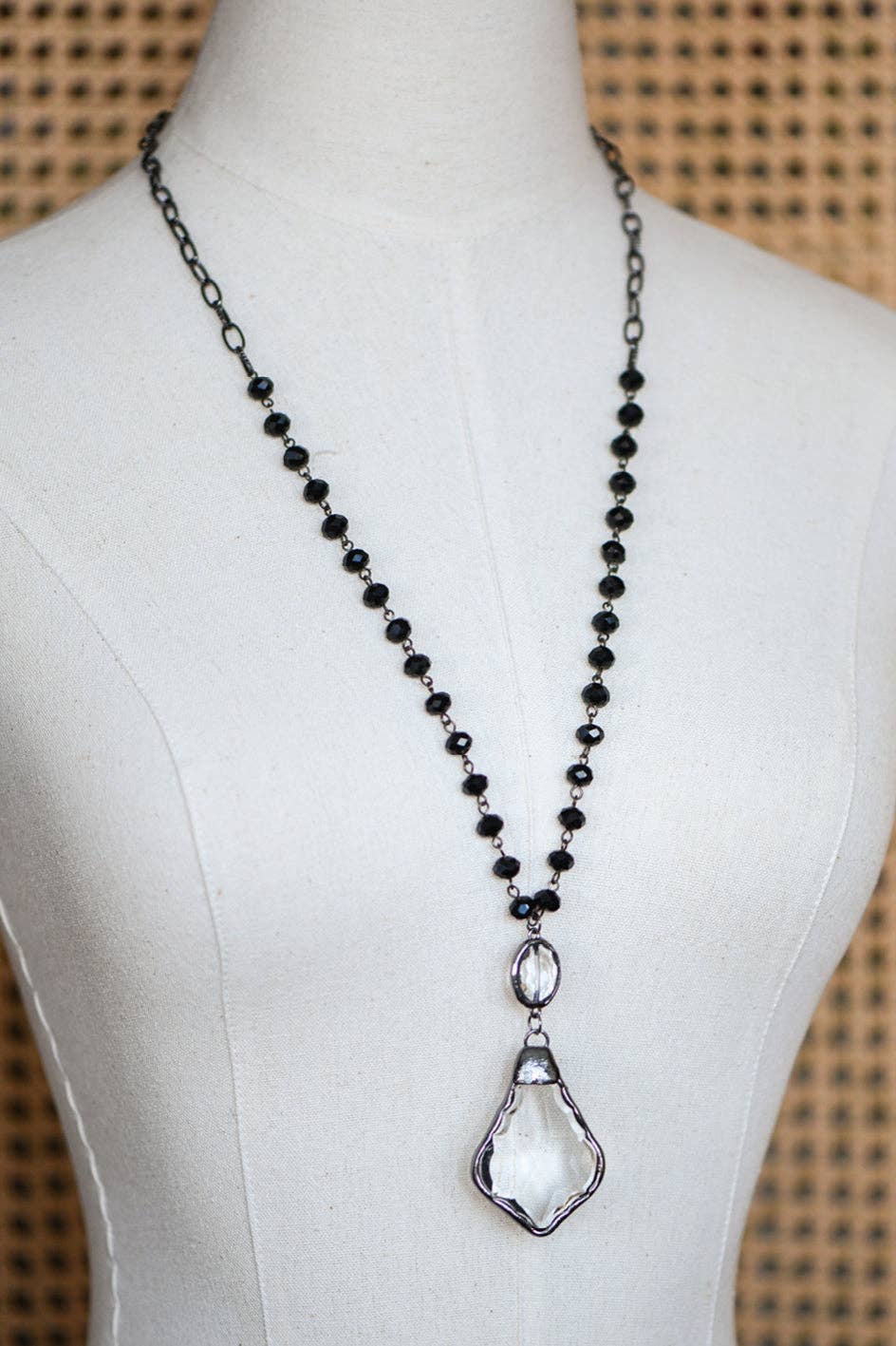 Long Beaded Chain Link Necklace, Glass Crystal Pendant - 6292