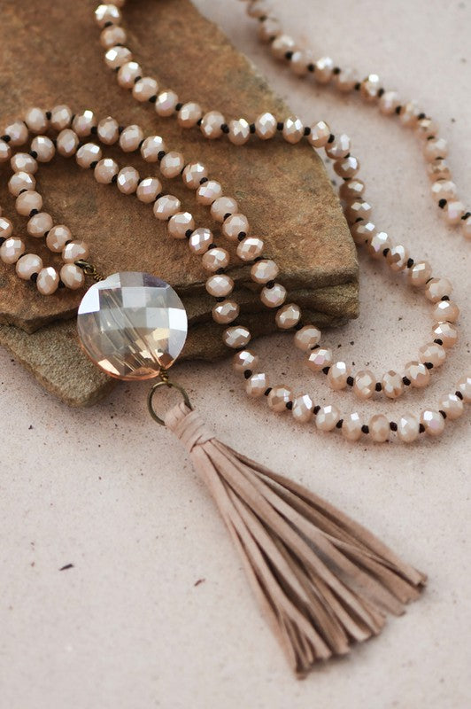 Crystal Tassel Statement Necklace – Champagne or Gray Boho Luxe Long Necklace