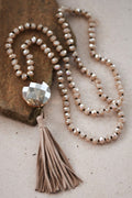 Crystal Tassel Statement Necklace – Champagne or Gray Boho Luxe Long Necklace