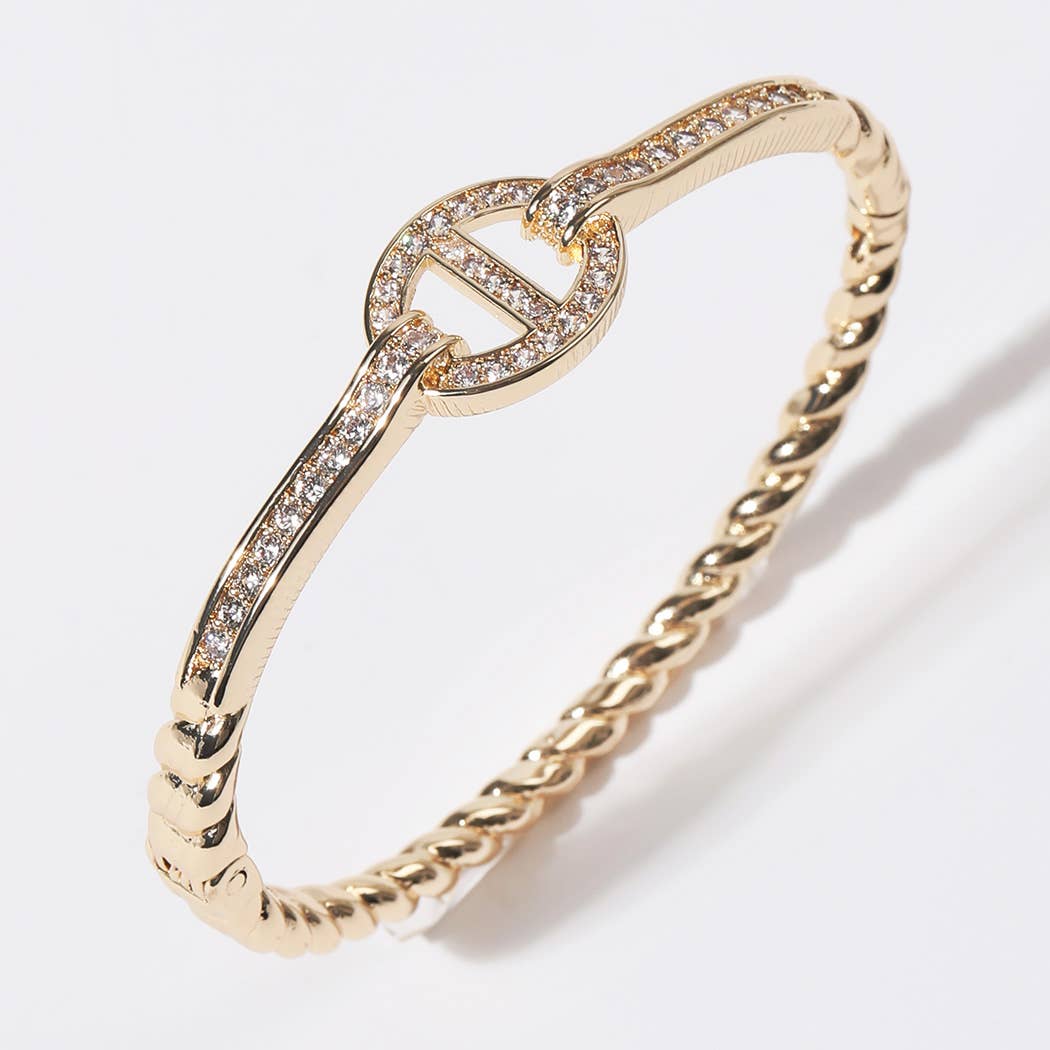 Linked CZ Oval Twisted Gold Plated Bangle Bracelet