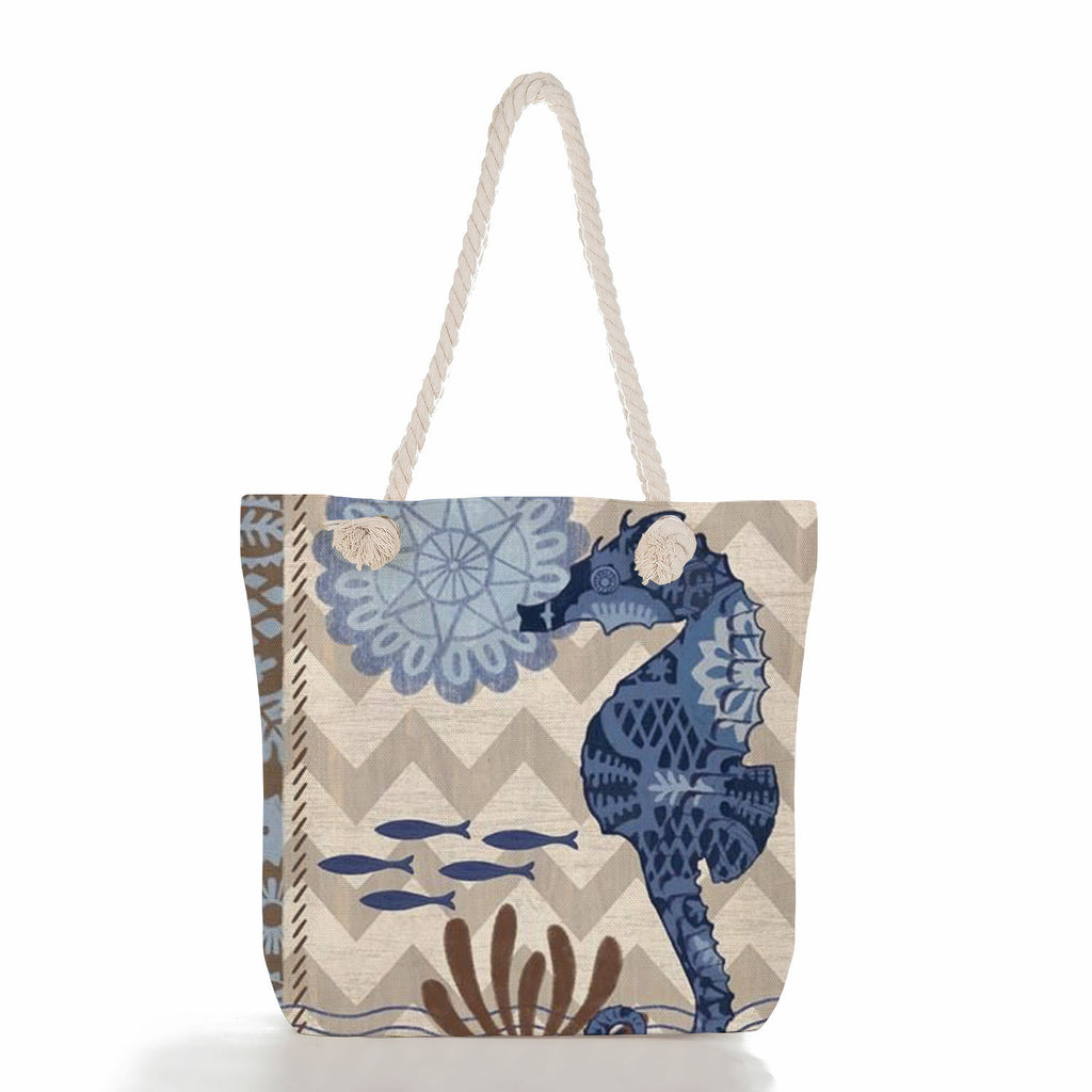 Vintage Ocean Nautical Print Canvas Tote Bag With Thick Rope Handle. Large Capacity Beach Bag For Women Octopus, Sea Turtle, Jellyfish, Seahorse Pattern