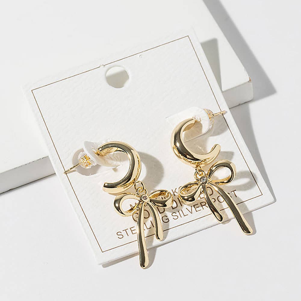 Gold Dipped Bow Drop Dangle Mini Hoop Earrings