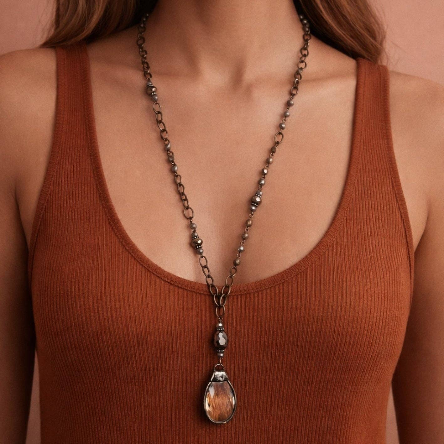 Boho Long Beaded Chain Link Necklace, Glass Crystal Teardrop Pendant