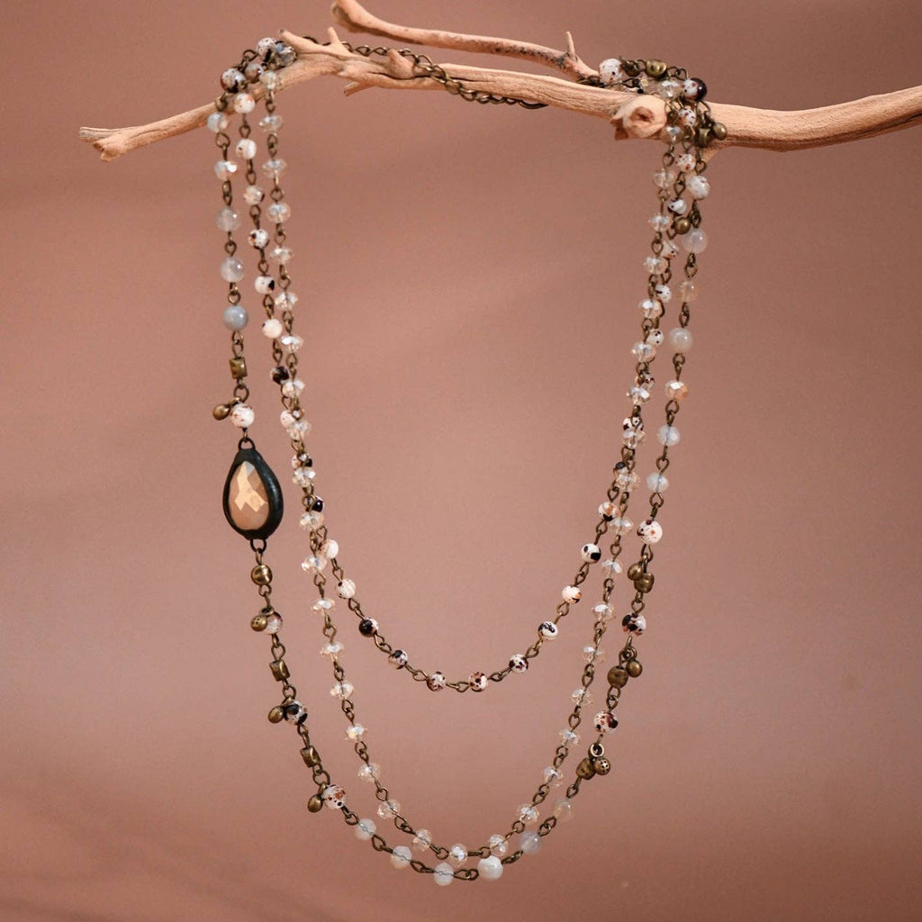Triple Layered Mixed Glass Bead and Stone Necklace - 7260