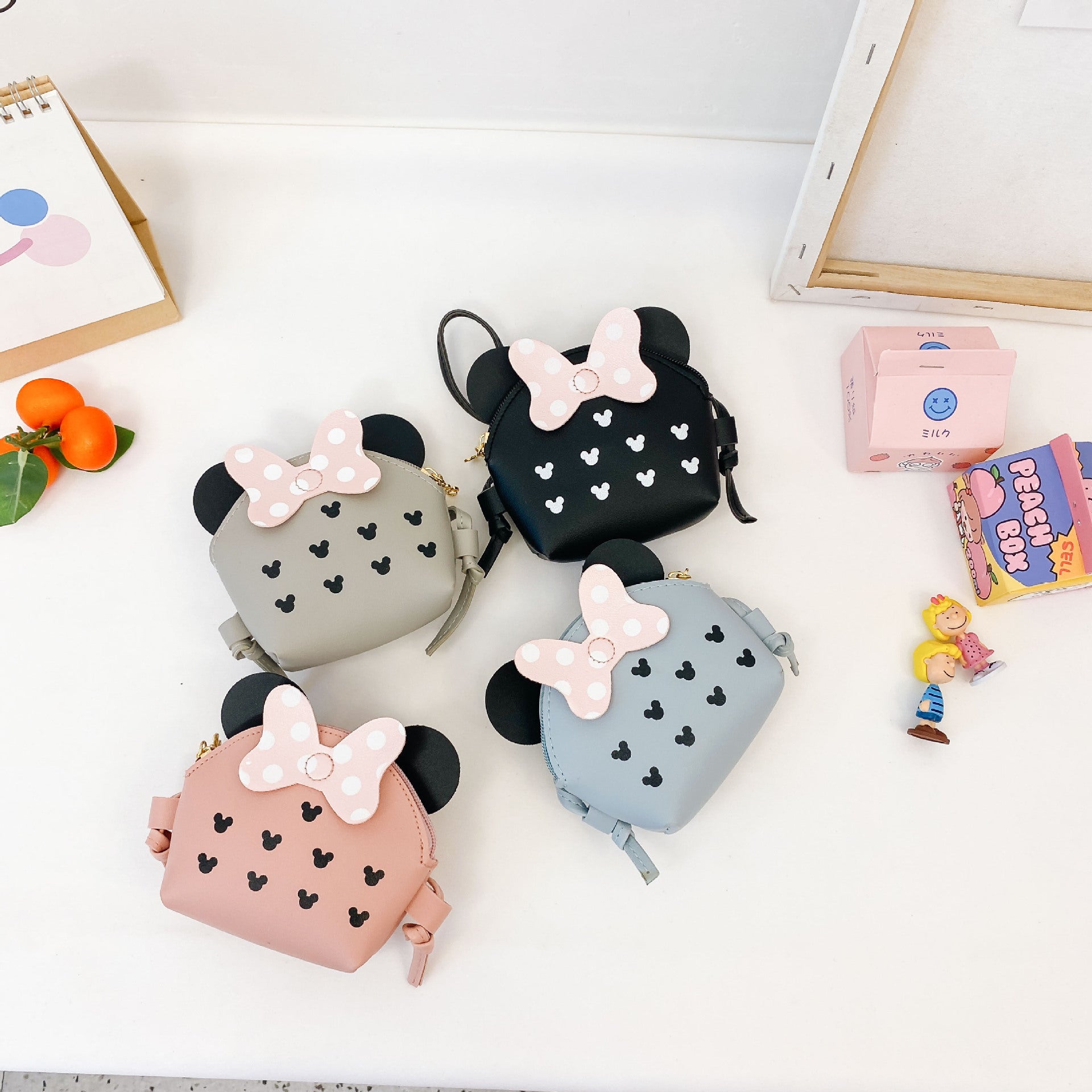 Cute Cartoon Mouse Ears Kids Crossbody Bag PU Leather Polka Dot Bow Mini Shoulder Bag For Girls.