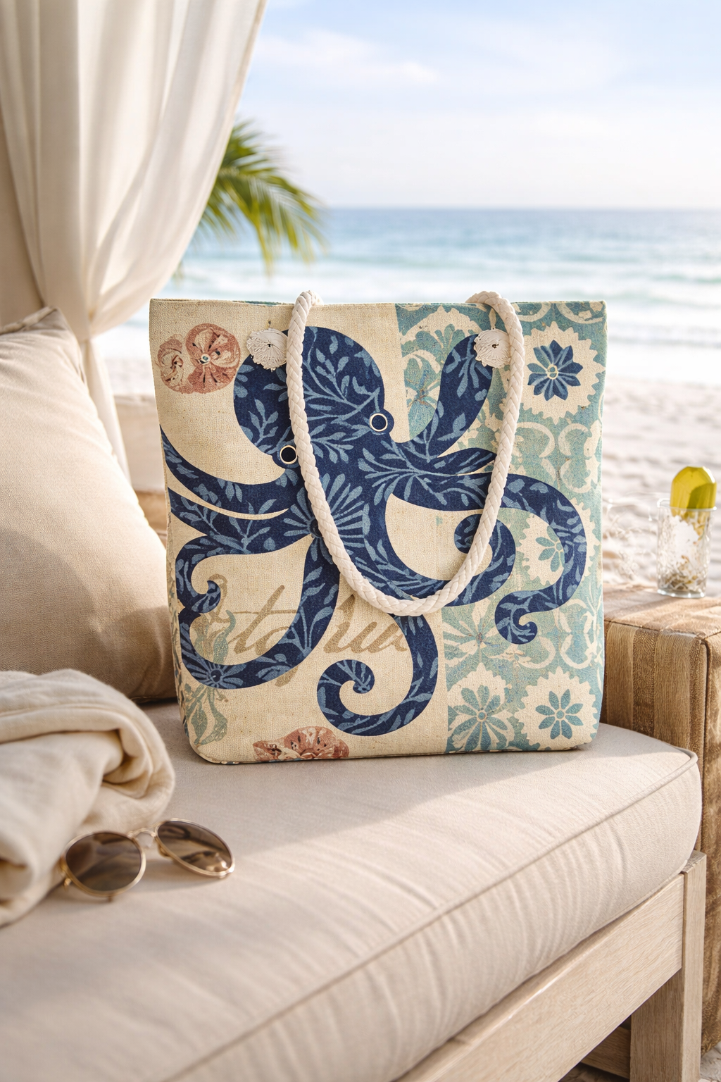 Vintage Ocean Nautical Print Canvas Tote Bag With Thick Rope Handle. Large Capacity Beach Bag For Women Octopus, Sea Turtle, Jellyfish, Seahorse Pattern