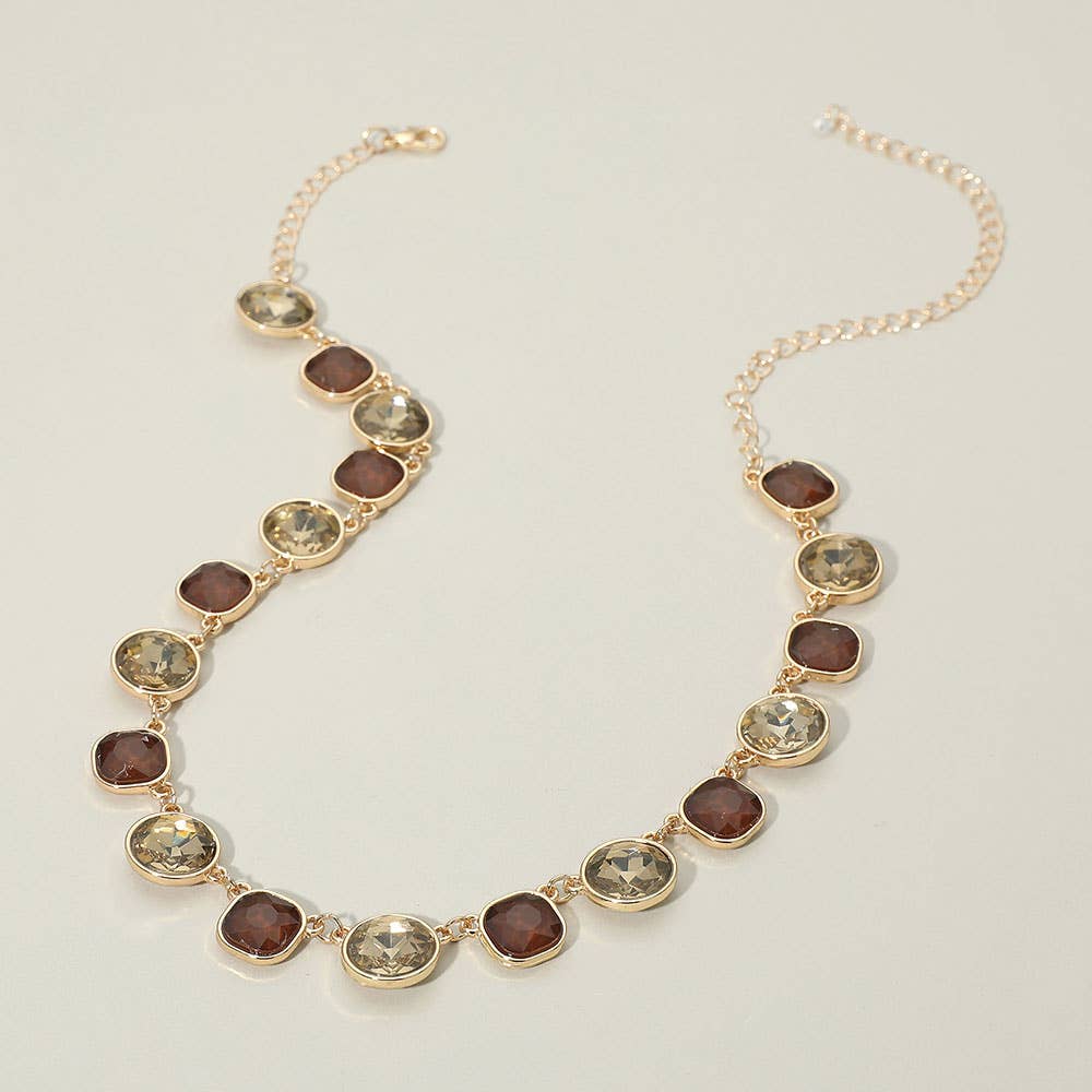 Round Square Stone Bezel Cluster Link Necklace