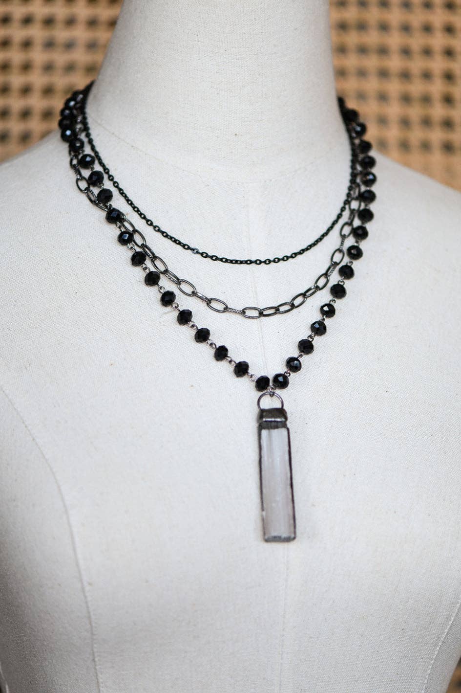 Black Layered Necklace with Crystal Stone Pendant