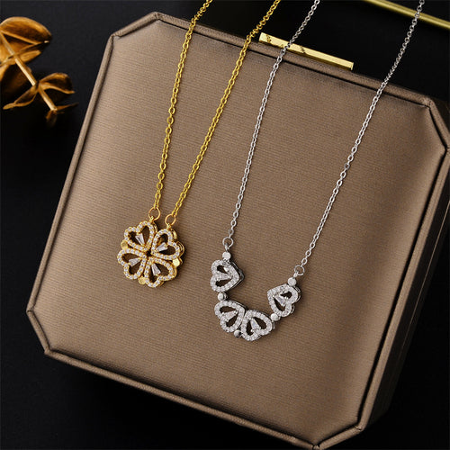 14″ Gold Dainty Necklace with Pavé Clover & Heart Charms – Convertible 2-Way Design