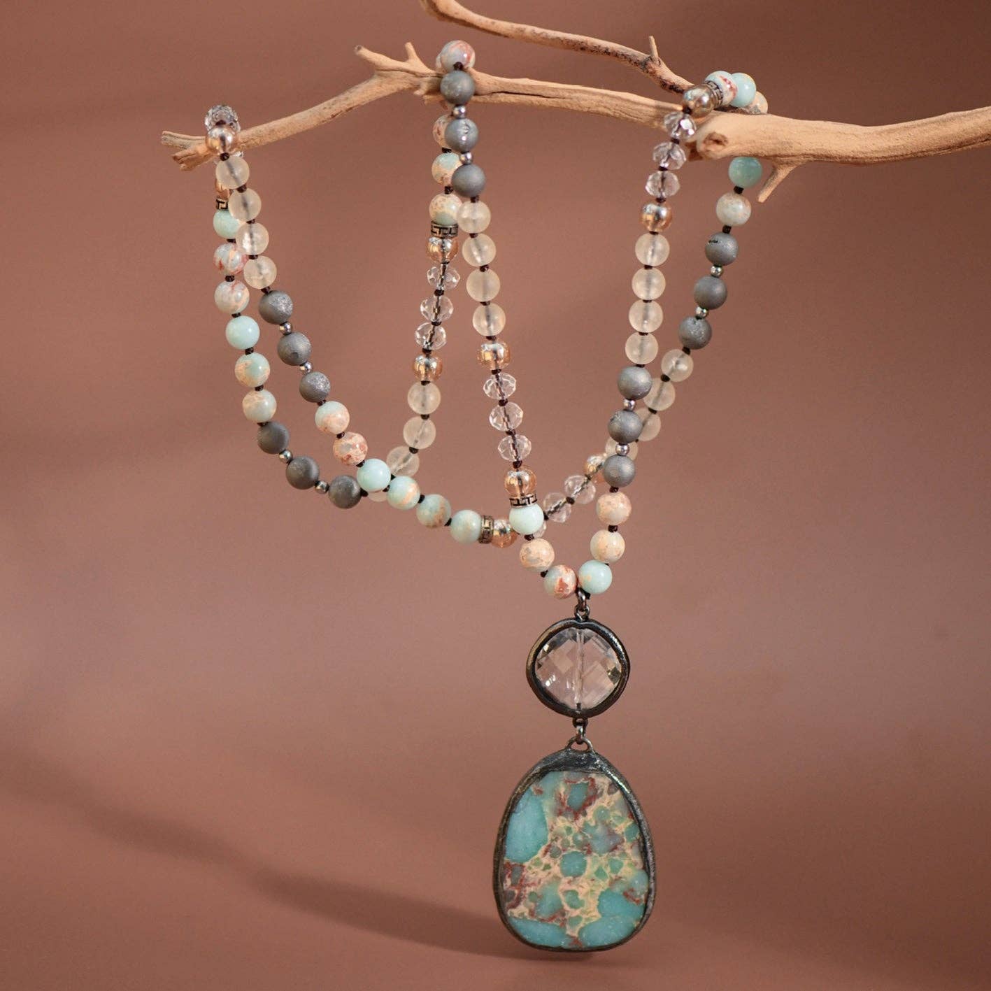Natural Stone Bead Necklace with Stone Pendant - 6910
