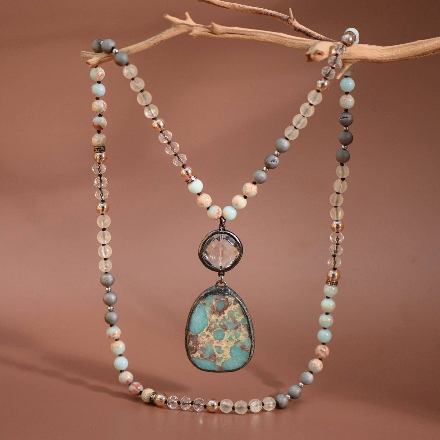 Natural Stone Bead Necklace with Stone Pendant - 6910