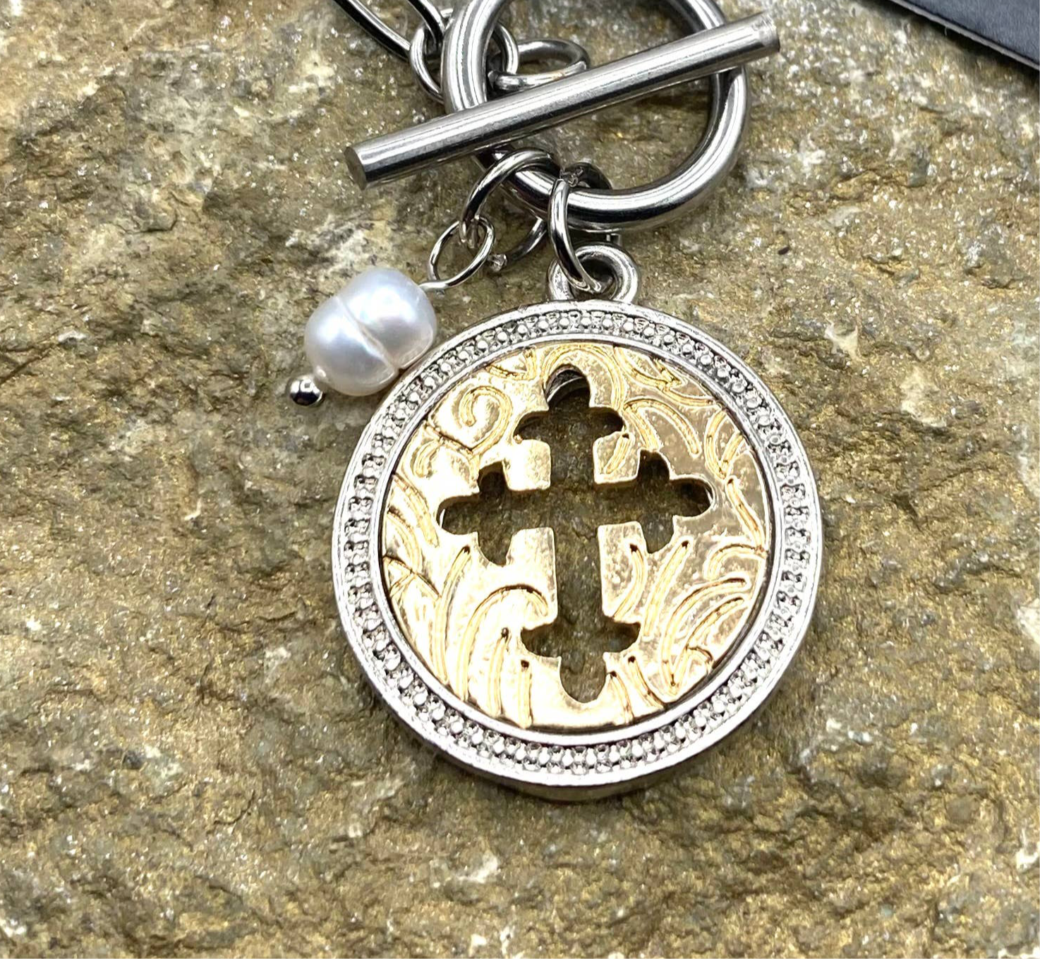 Cross Coin Charm Toggle Necklace