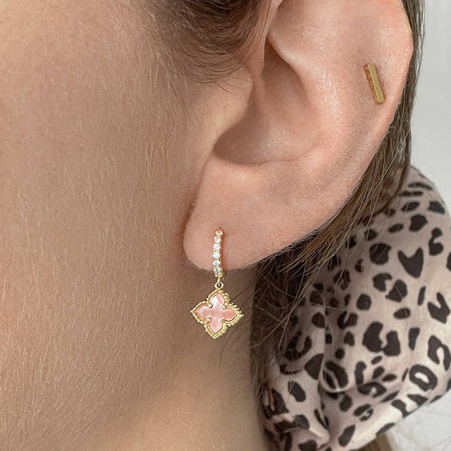 Floral Dangle Hoops Pink Mother of Pearl gold