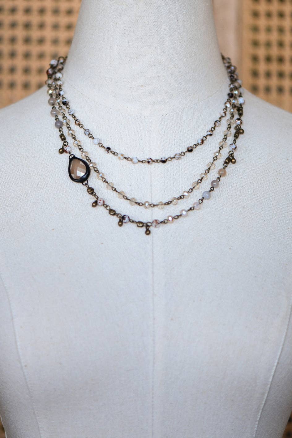 Triple Layered Mixed Glass Bead and Stone Necklace - 7260