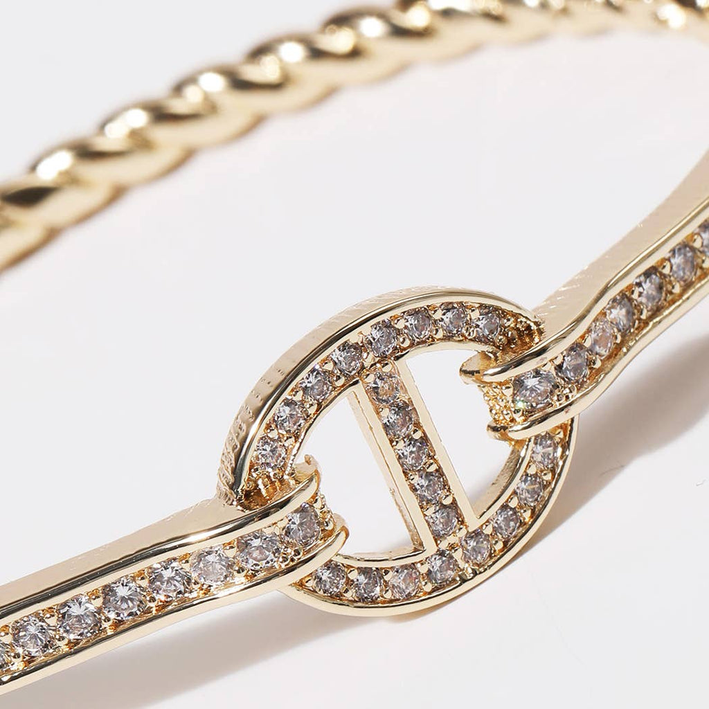 Linked CZ Oval Twisted Gold Plated Bangle Bracelet